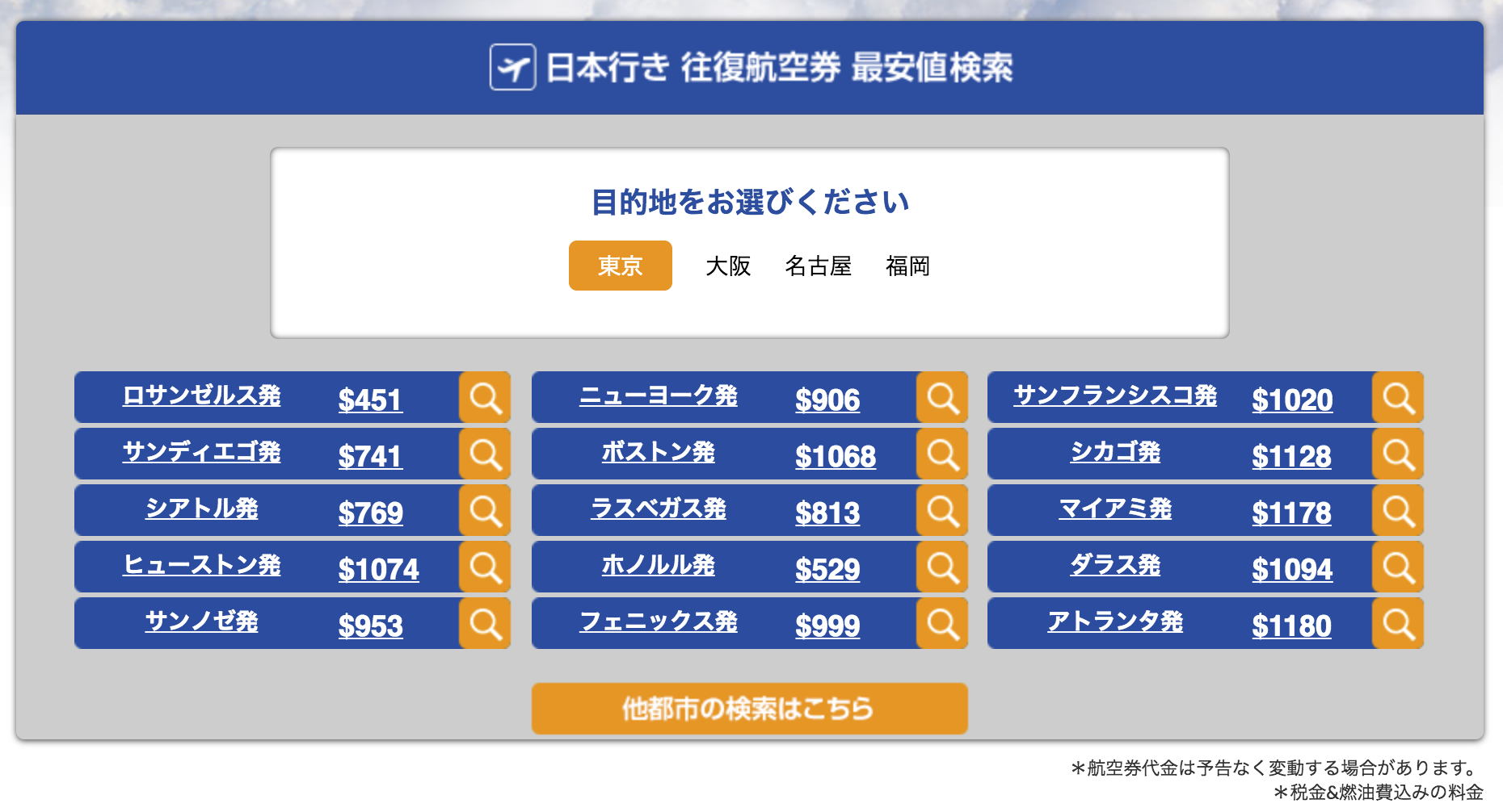 出発地別最安値一覧